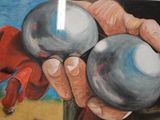 un tableau représentant une personne tenant deux balles dans ses mains