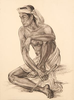 dessin représentant un homme assis par terre avec un couteau