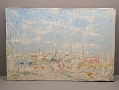 une peinture à l'huile représentant un paysage urbain avec un ciel bleu en arrière-plan