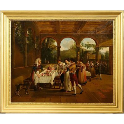 une peinture à l'huile représentant une famille réunie autour d'une table en compagnie d'un chien
