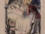 painting of a man standing in front of a bed next to a window