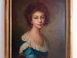 painting of a woman in a blue dress with a white ruffled collar