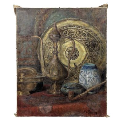 tableau représentant une nature morte composée d'une théière et d'autres objets