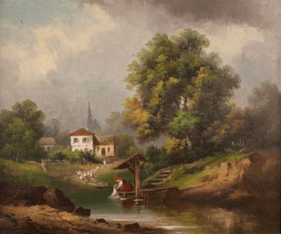 painting of a river scene with a church in the background