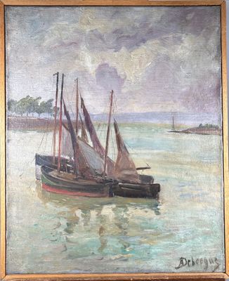 une peinture représentant un bateau dans l'eau avec d'autres bateaux dans l'eau