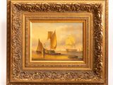 a painting of a sailboat on the water with other boats in the background