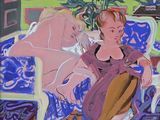 un tableau représentant deux femmes assises sur un canapé bleu