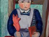 tableau représentant une petite fille tenant un jouet rouge et un renard roux