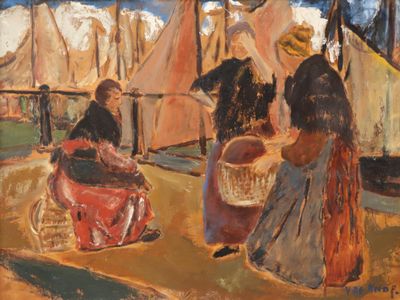 a painting of a group of people sitting on a boat