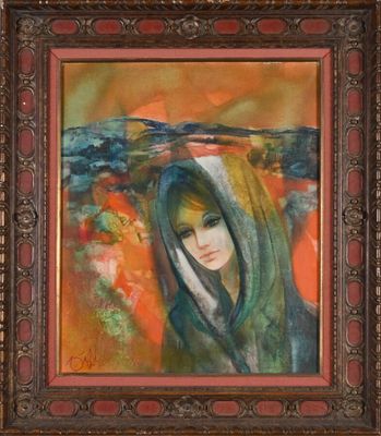 an oil painting of a woman in a hoodedie with a bird on her head