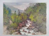 une peinture à l'huile représentant un ruisseau traversant une forêt parsemée de rochers
