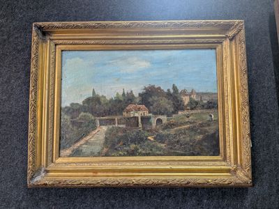 une peinture à l'huile représentant un paysage avec un pont au premier plan