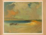 an oil painting of horses walking on a beach near the ocean