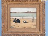 tableau représentant une scène de plage avec des personnes sur le sable et un chien allongé sur la plage