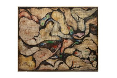 peinture abstraite représentant un groupe de nus sur fond beige