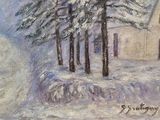 painting of a church in the snow with trees in the foreground