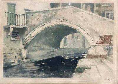 une image d'une peinture représentant un pont sur une rivière