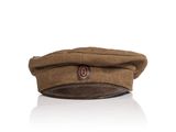an image of a brown hat with a button on it