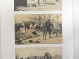 three black and white photos of people riding horses and a dog