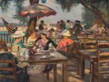 une peinture représentant un groupe de personnes assises à une table