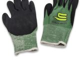 an image of a pair of black and green gloves on a white background