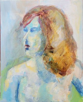 an oil painting of a woman with long hair and blue eyes