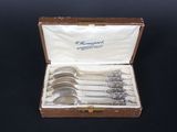 six spoons in a box on a black surface