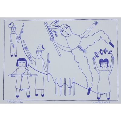 an image of a drawing of a man on a horse being pulled by a woman