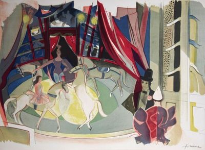 un tableau représentant une scène de cirque avec des personnes à cheval