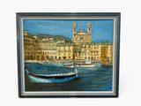 a painting of a boat on the water in front of a building