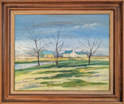 un tableau représentant une maison blanche dans un champ bordé d'arbres