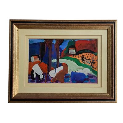 painting of a man and a woman sitting on a bench in front of a cat