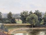 a painting of a river with trees in the background