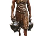 bronze statue of a man holding two pots and a bowl