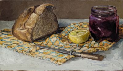 a painting of a loaf of bread and a jar of jam on a table