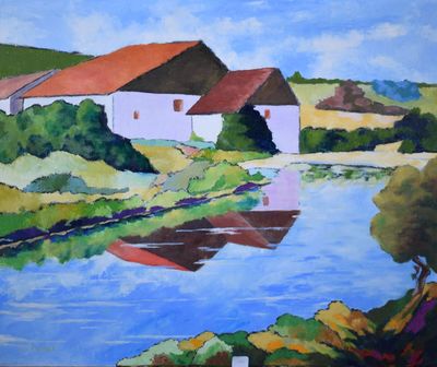 tableau représentant un tableau d'une rivière avec des maisons et des arbres en arrière-plan