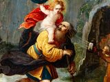 an image of a painting of a man carrying a child on his back