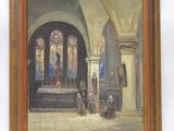 une peinture à l'huile représentant une église avec un homme et une femme debout devant l'autel