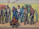 a painting of a group of men standing in front of a fence