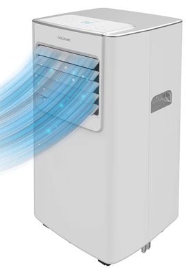 un climatiseur portable blanc d'où sort une lumière bleue