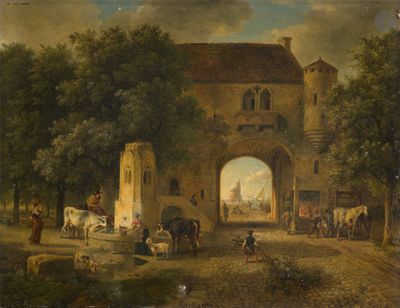 tableau représentant des personnes et des animaux devant un bâtiment