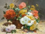 a painting of a basket of flowers on a table