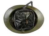 a green helmet with a black bag inside of it