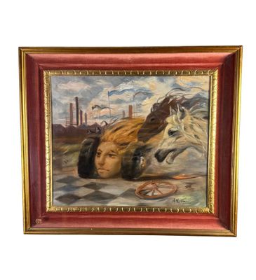 tableau représentant une femme et un cheval dans un champ, avec une usine en arrière-plan