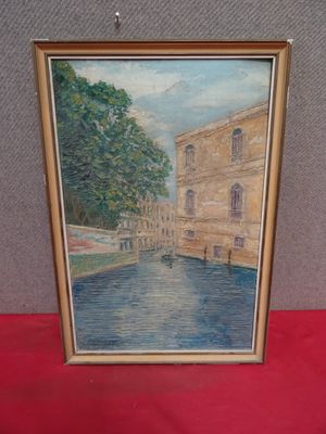 an oil painting of a boat on a river in front of a building