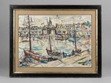 a painting of boats in a harbor with buildings in the background