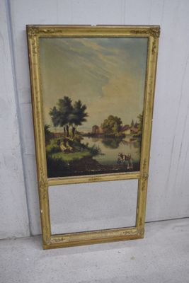 Trumeau XIXe à décor d'un paysage lacustre, cadre doré 147 x…