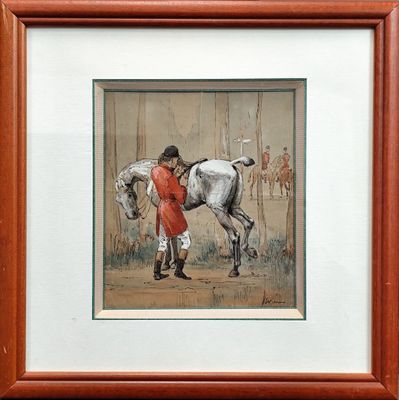 peinture représentant un homme menant un cheval, réalisée à la plume et à l'encre