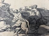 a drawing of a man riding a horse with a woman on it