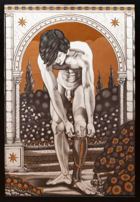 an image of a painting of a man bending over to pick up something